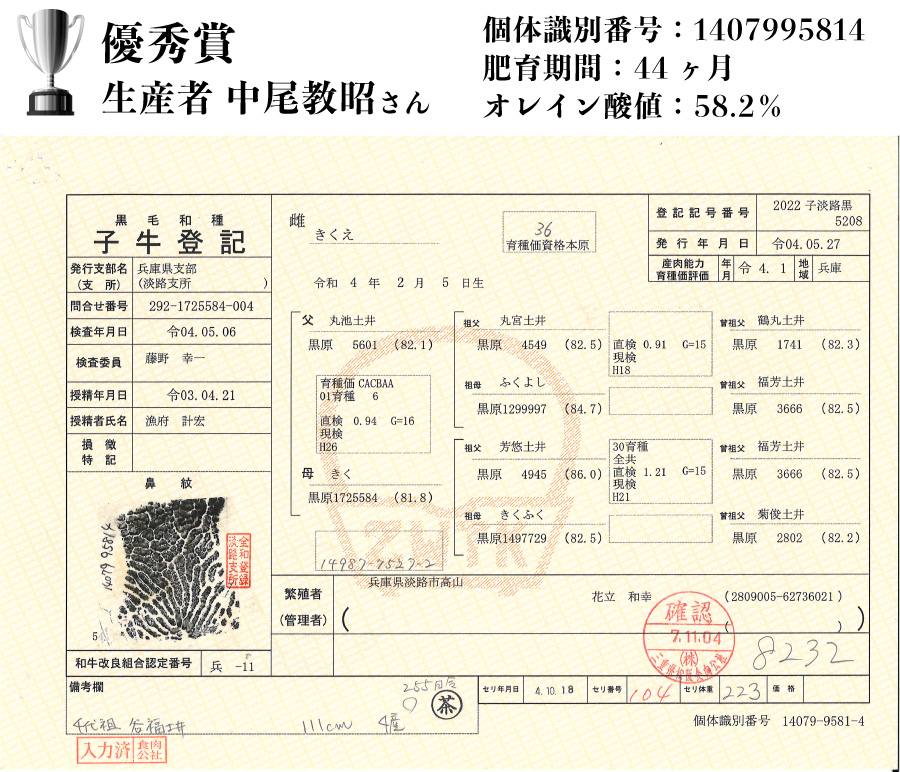 2025年チャンピオン牛血統書(優秀賞)